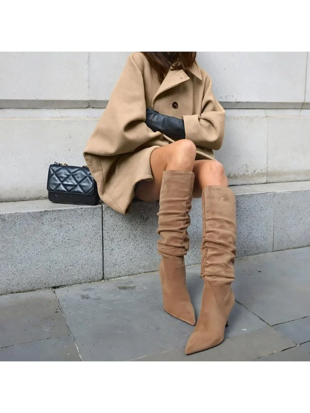 Women's Taupe Slouch Knee High Boots Kitten Heel Side Zipper Knee-High Boots